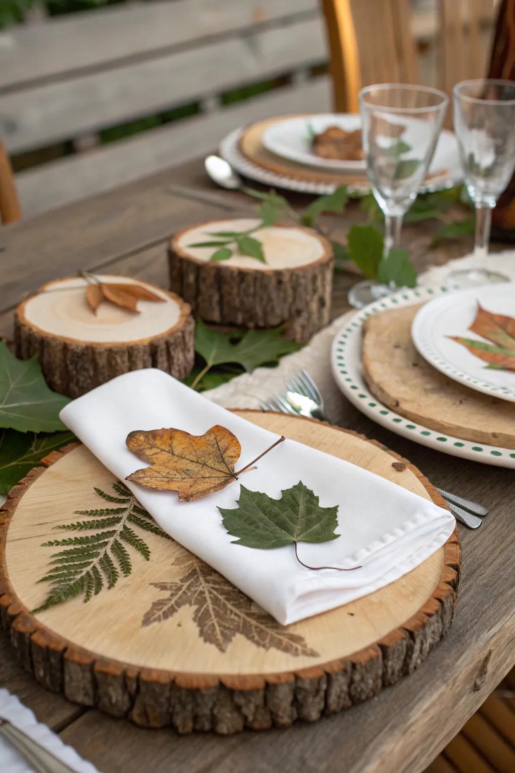 Natural materials like wood and leaves creating an earthy table setting.
