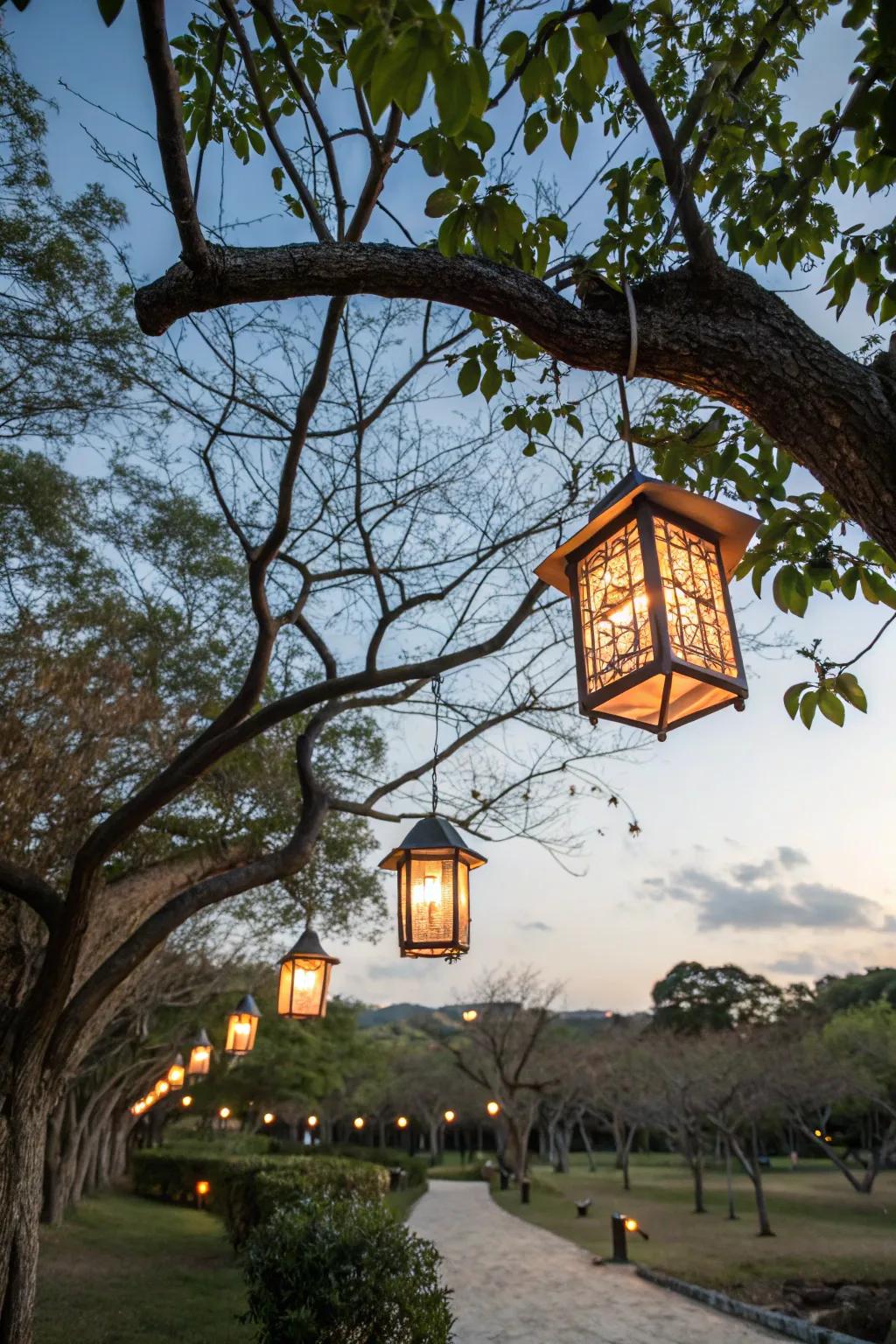 Lanterns creating a magical glow as night falls in the garden.