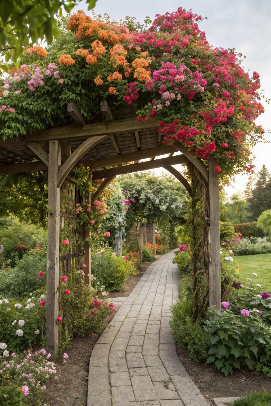 An arbor creates a beautiful entrance and supports climbing plants in this garden.