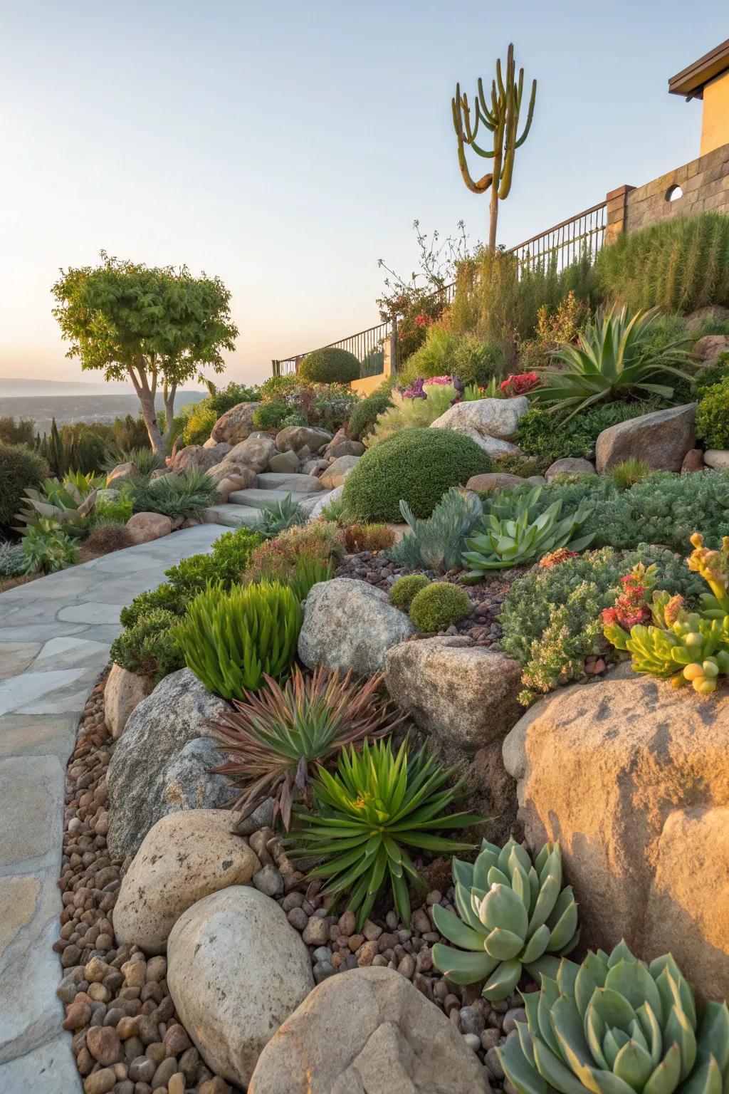 Rocks and succulents combine to create a beautiful, low-maintenance garden feature.