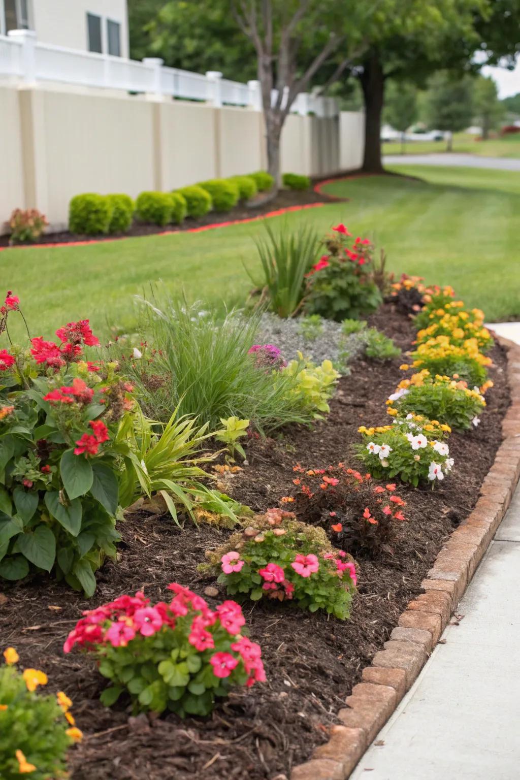 Fresh mulch adds contrast and neatness to this vibrant flower bed.