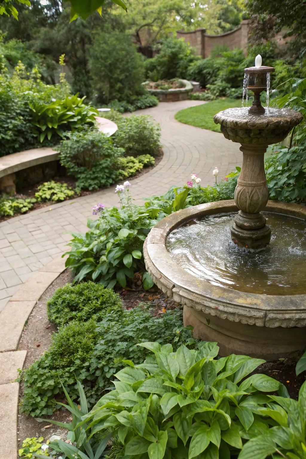 A small water feature adds tranquility and charm to this garden corner.