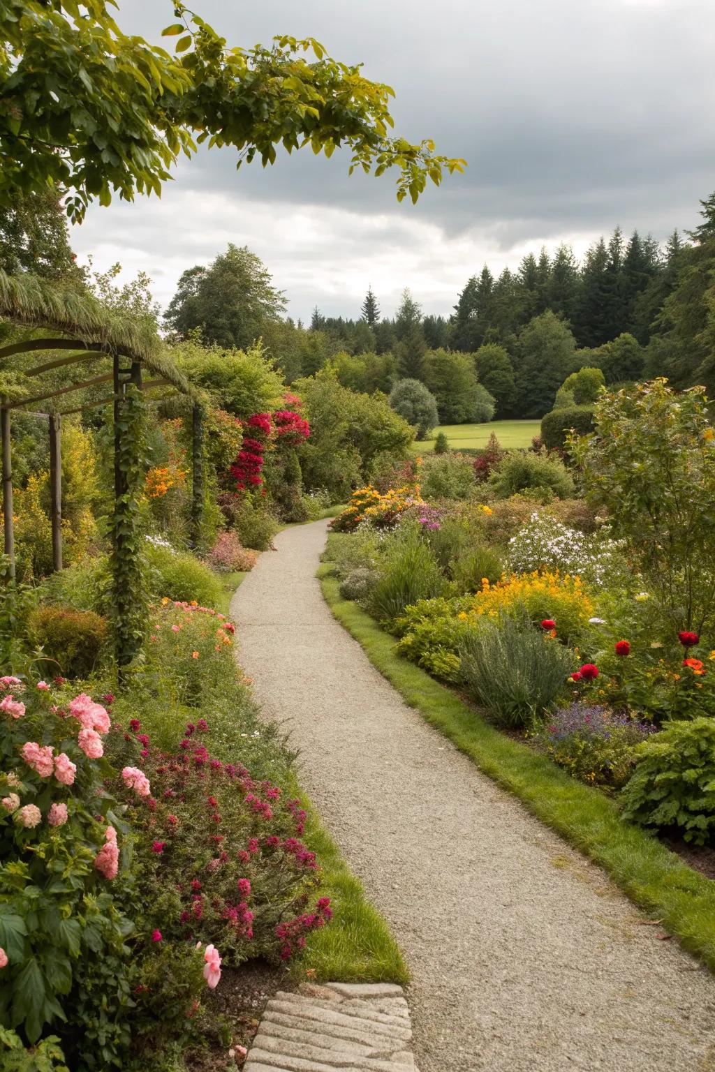 A gravel path provides a rustic, easy-to-maintain walkway in this garden.