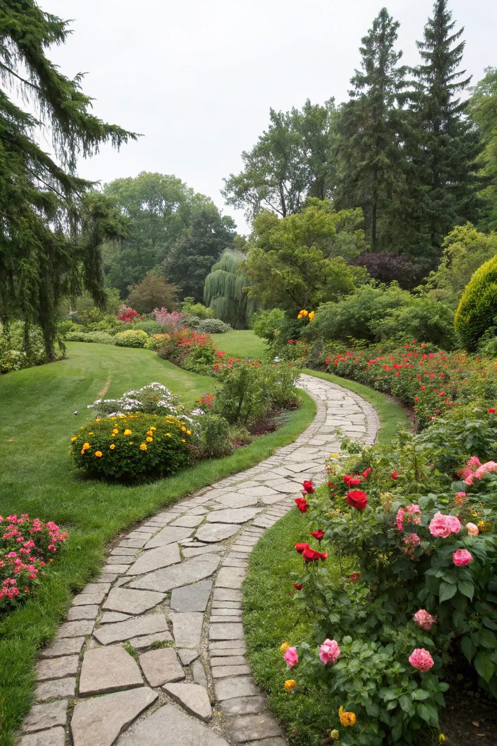 A charming stone pathway invites exploration in this lush garden.