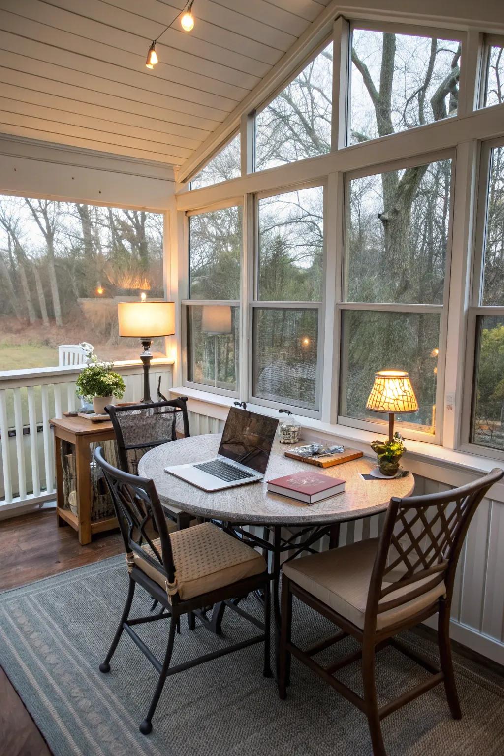 Enclosed porch serving as a dining area and workspace.