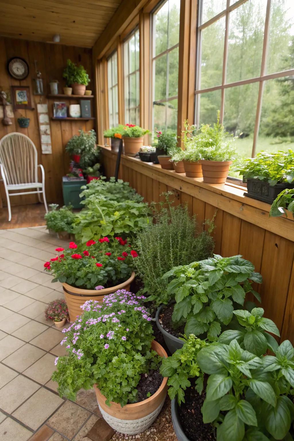 Enclosed porch with a vibrant DIY herb and flower garden.