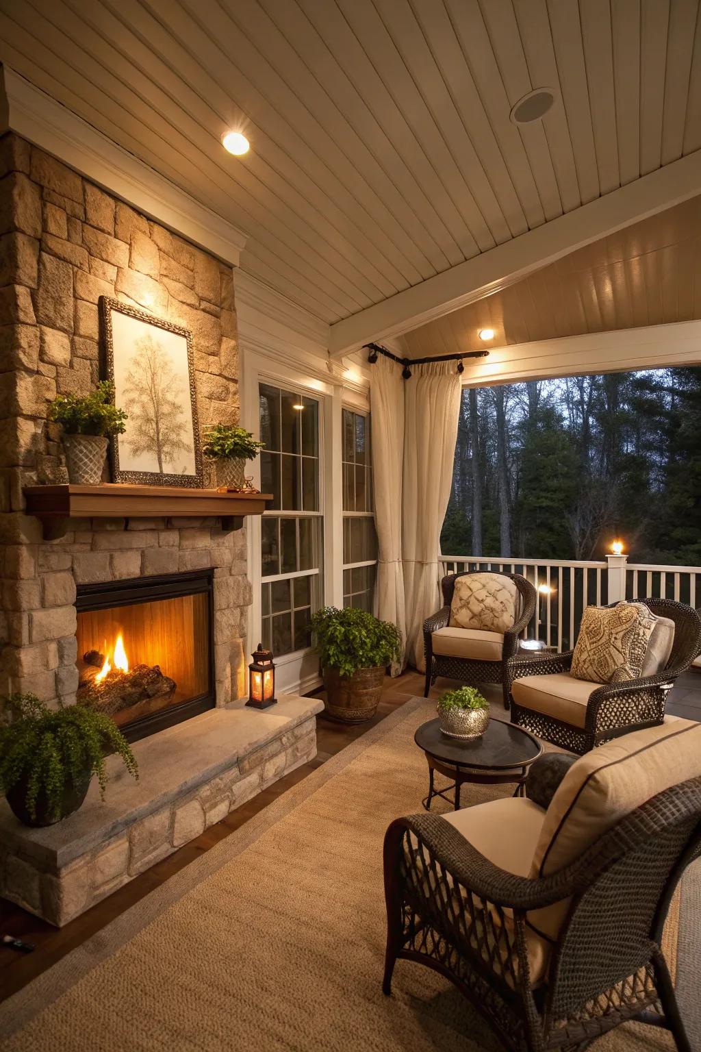 Enclosed porch featuring a cozy fireplace and seating area.