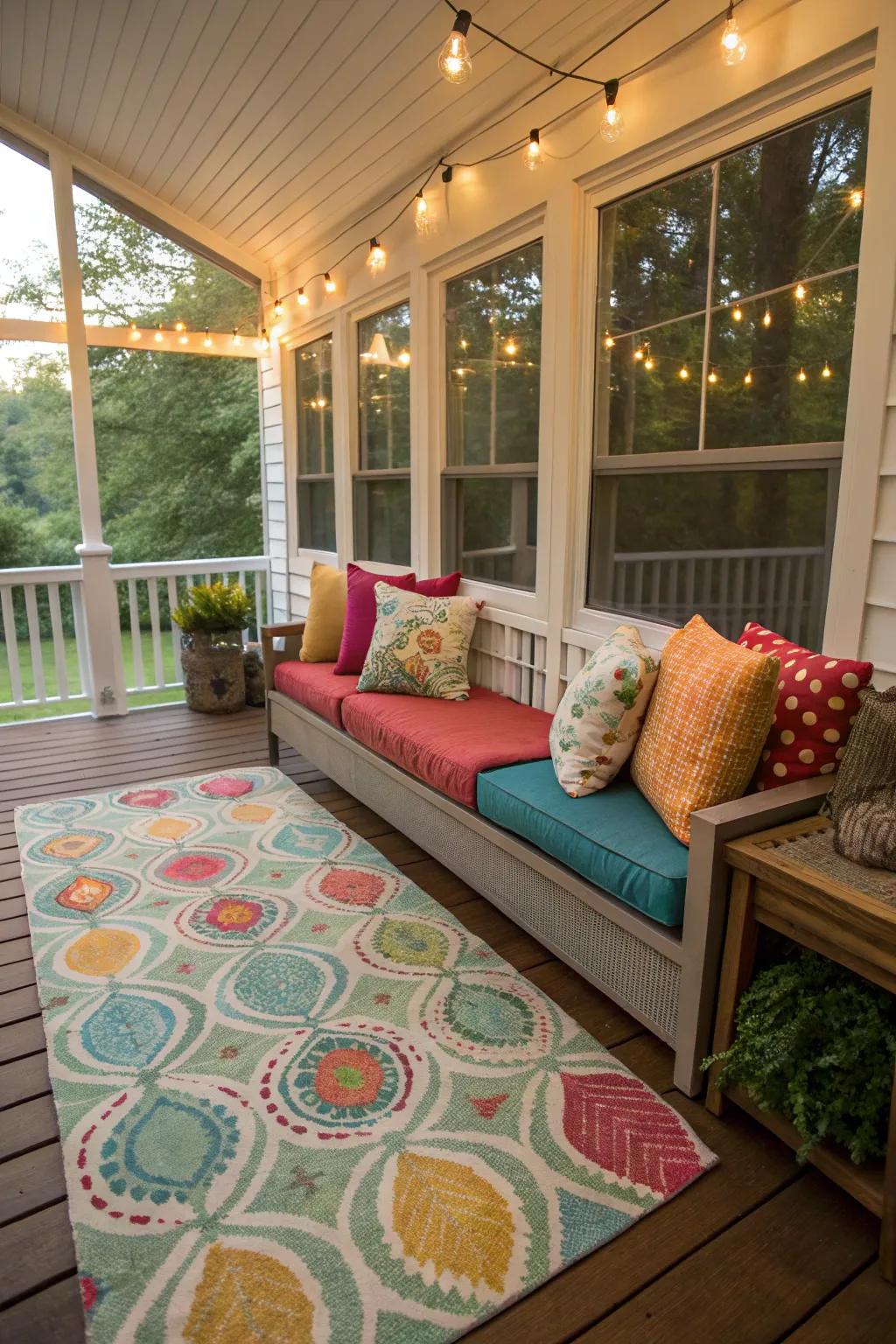 Enclosed porch adorned with colorful throw pillows and a patterned rug.