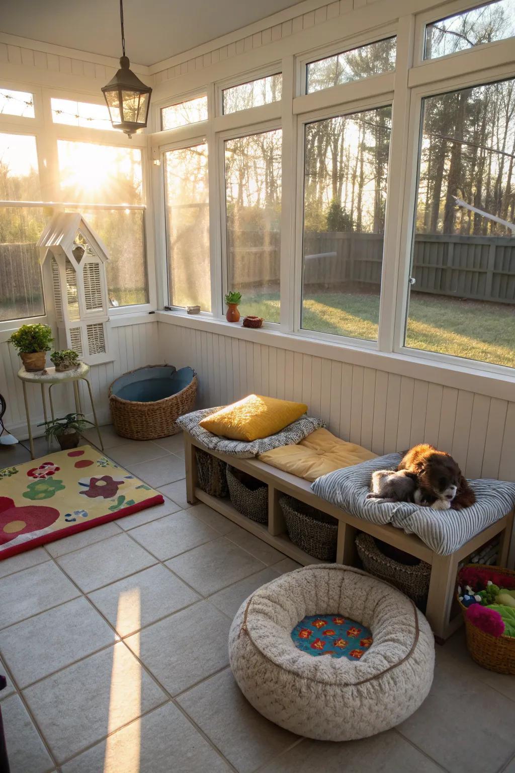 Enclosed porch featuring a pet-friendly design with cozy beds.