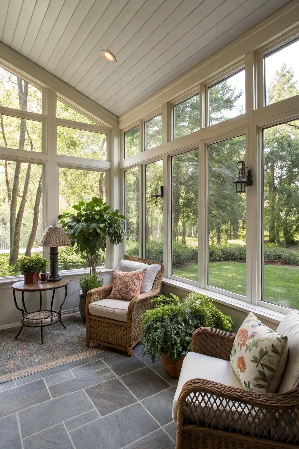Enclosed porch with floor-to-ceiling windows bathed in natural light.