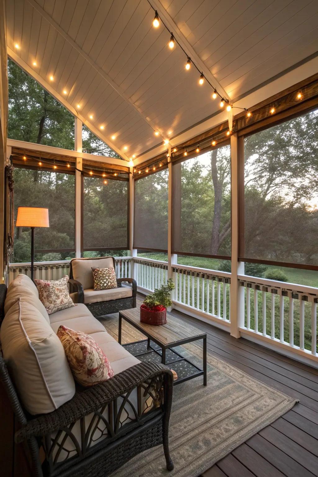 Enclosed porch with retractable screens for weather protection.