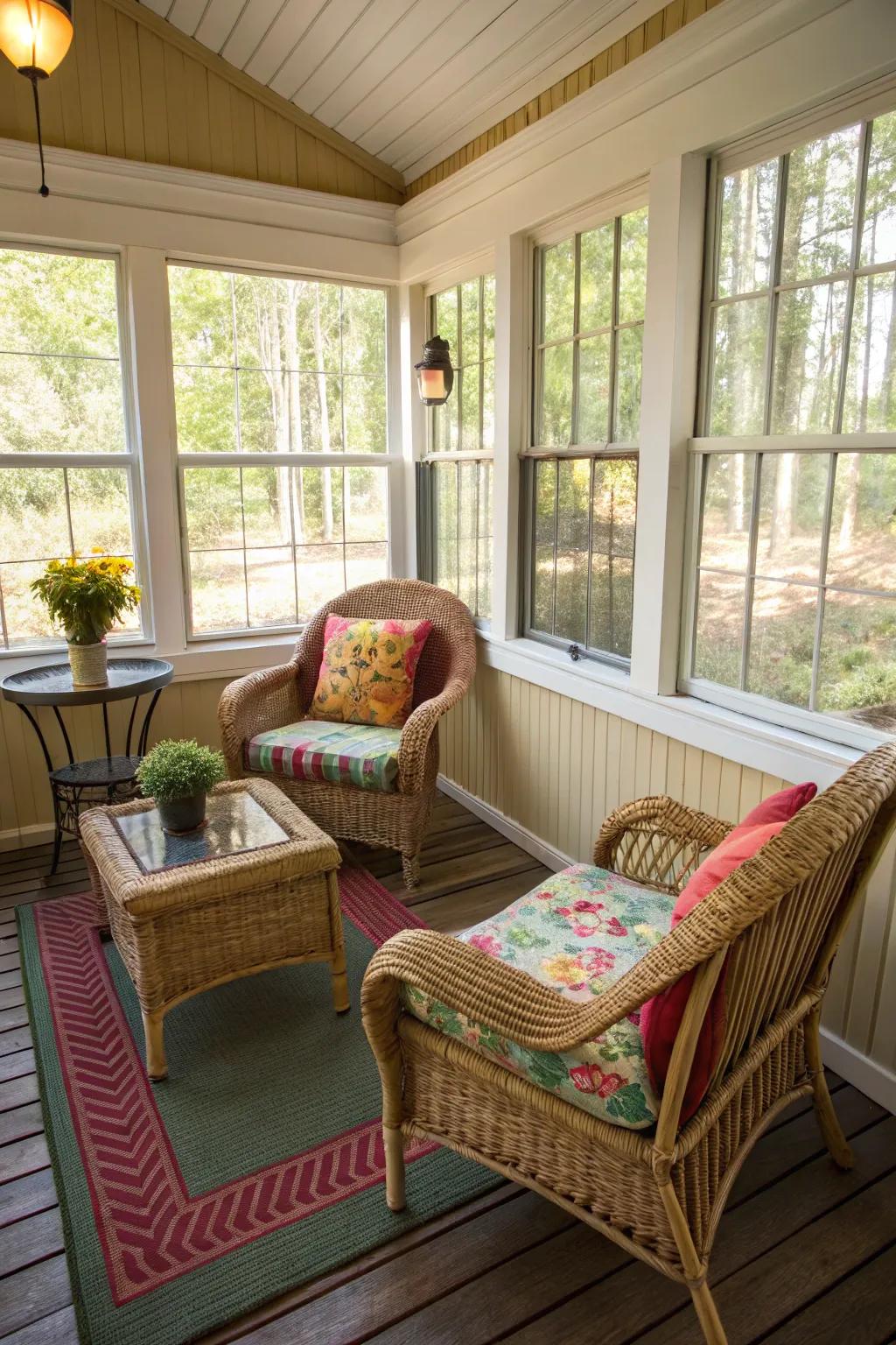 Enclosed porch with comfortable wicker chairs and colorful cushions.
