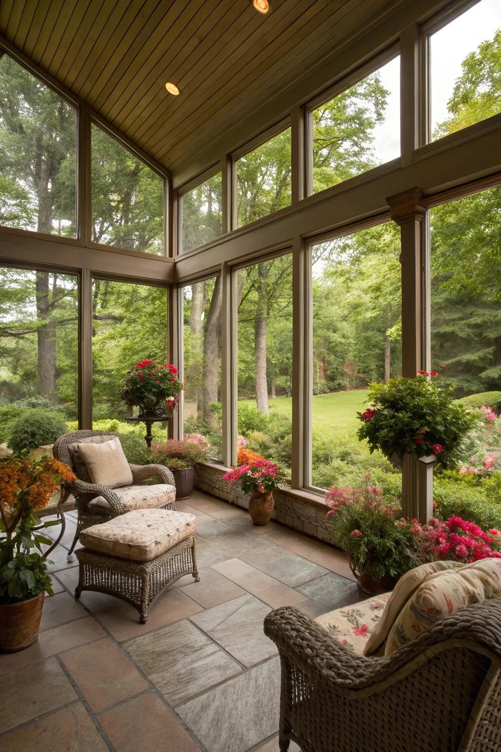 Enclosed porch with large windows offering a stunning garden view.