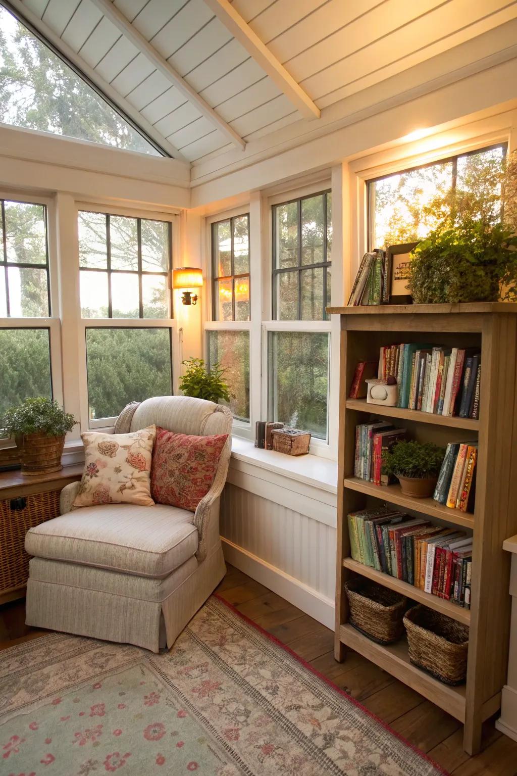 Enclosed porch featuring a cozy reading nook with a bookshelf.