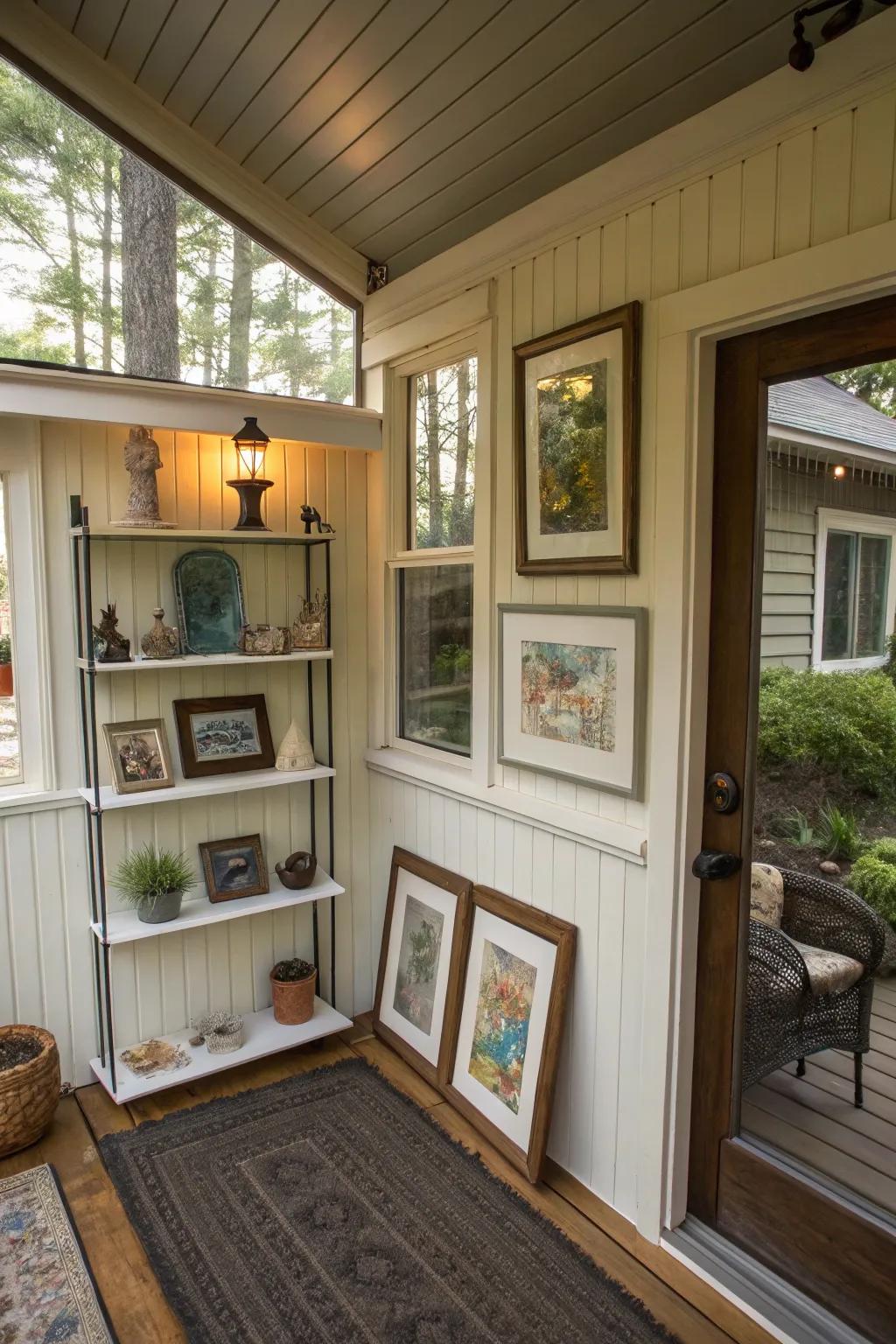 Enclosed porch transformed into a personal art gallery.