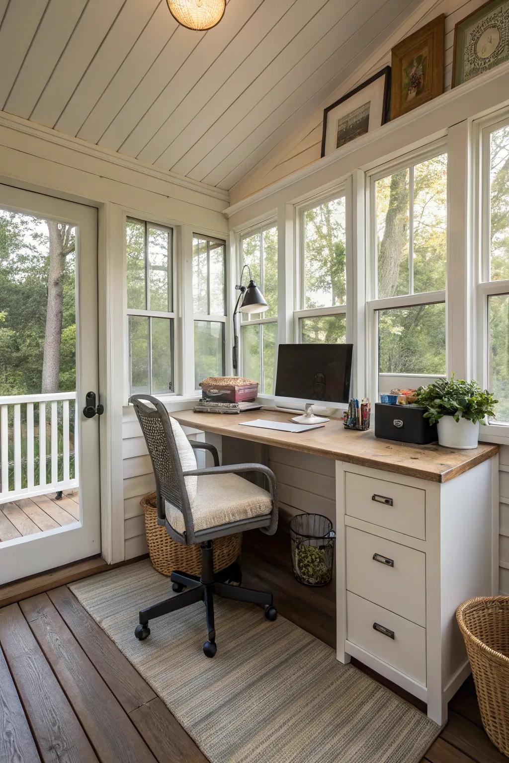 Enclosed porch with a bright and airy home office setup.