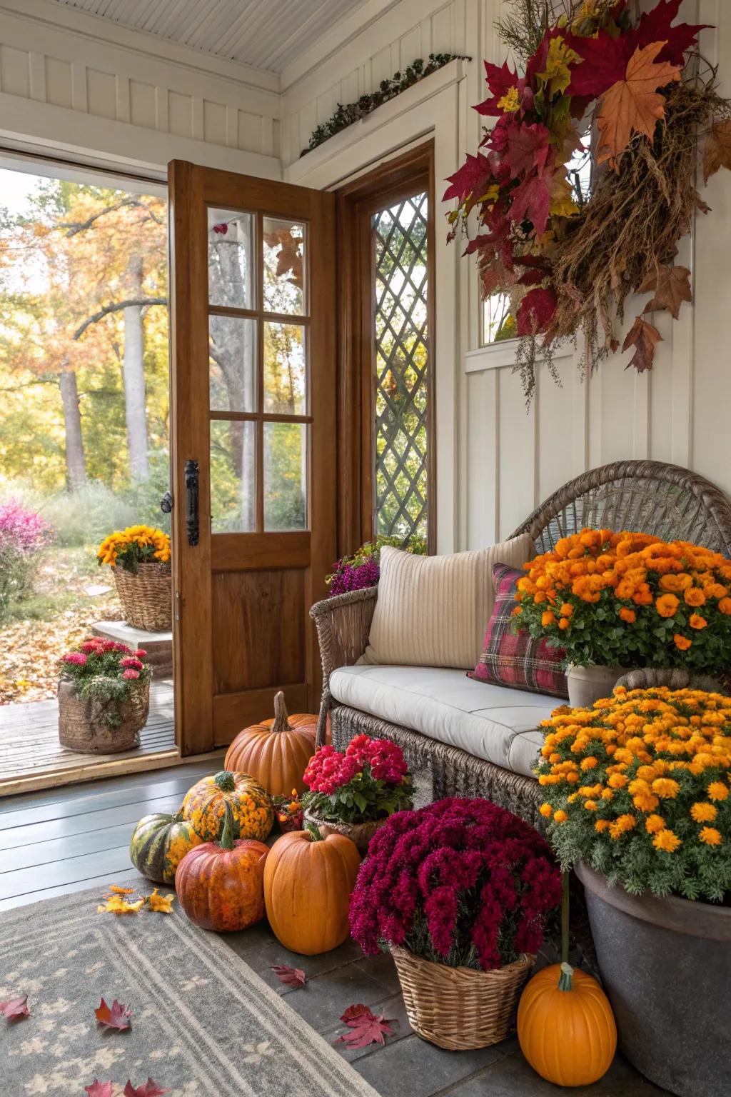 Enclosed porch decorated with seasonal elements and flowers.
