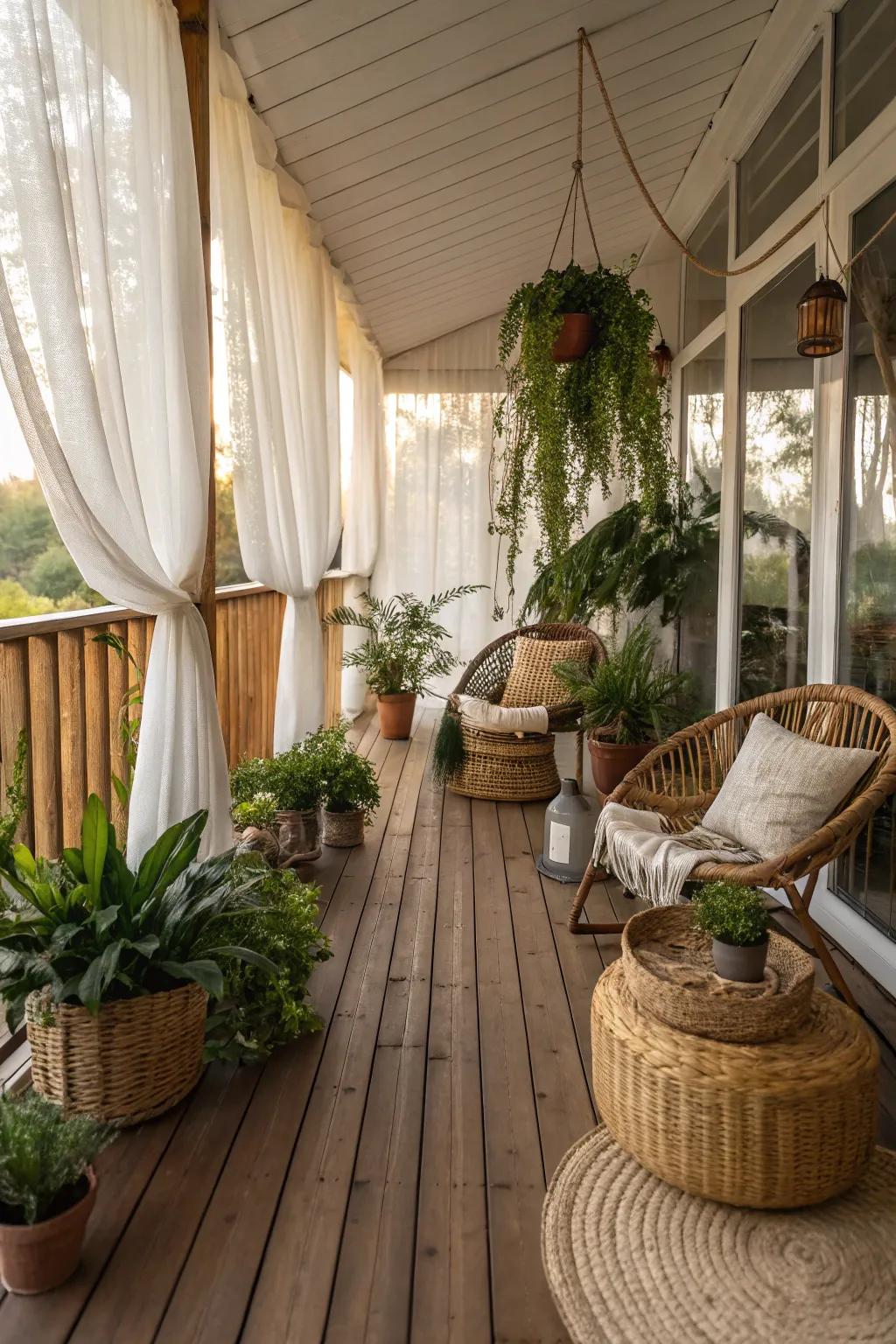 Enclosed porch featuring wooden flooring and natural decor.