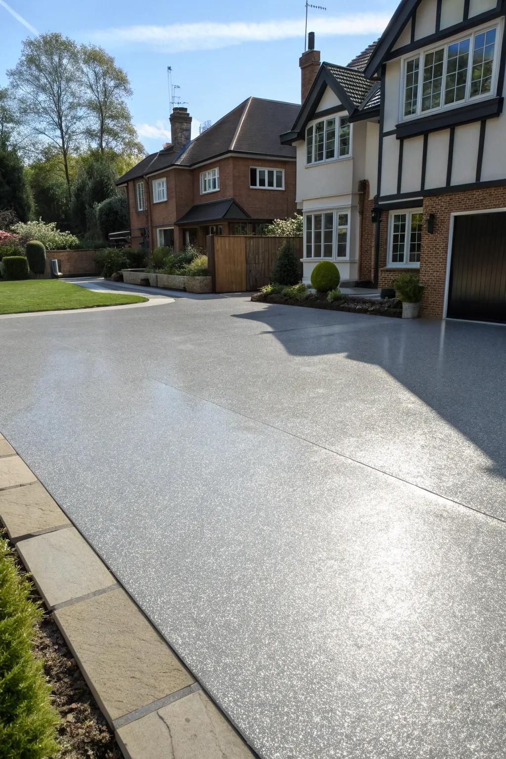 A metallic silver resin driveway gleaming under the sun.