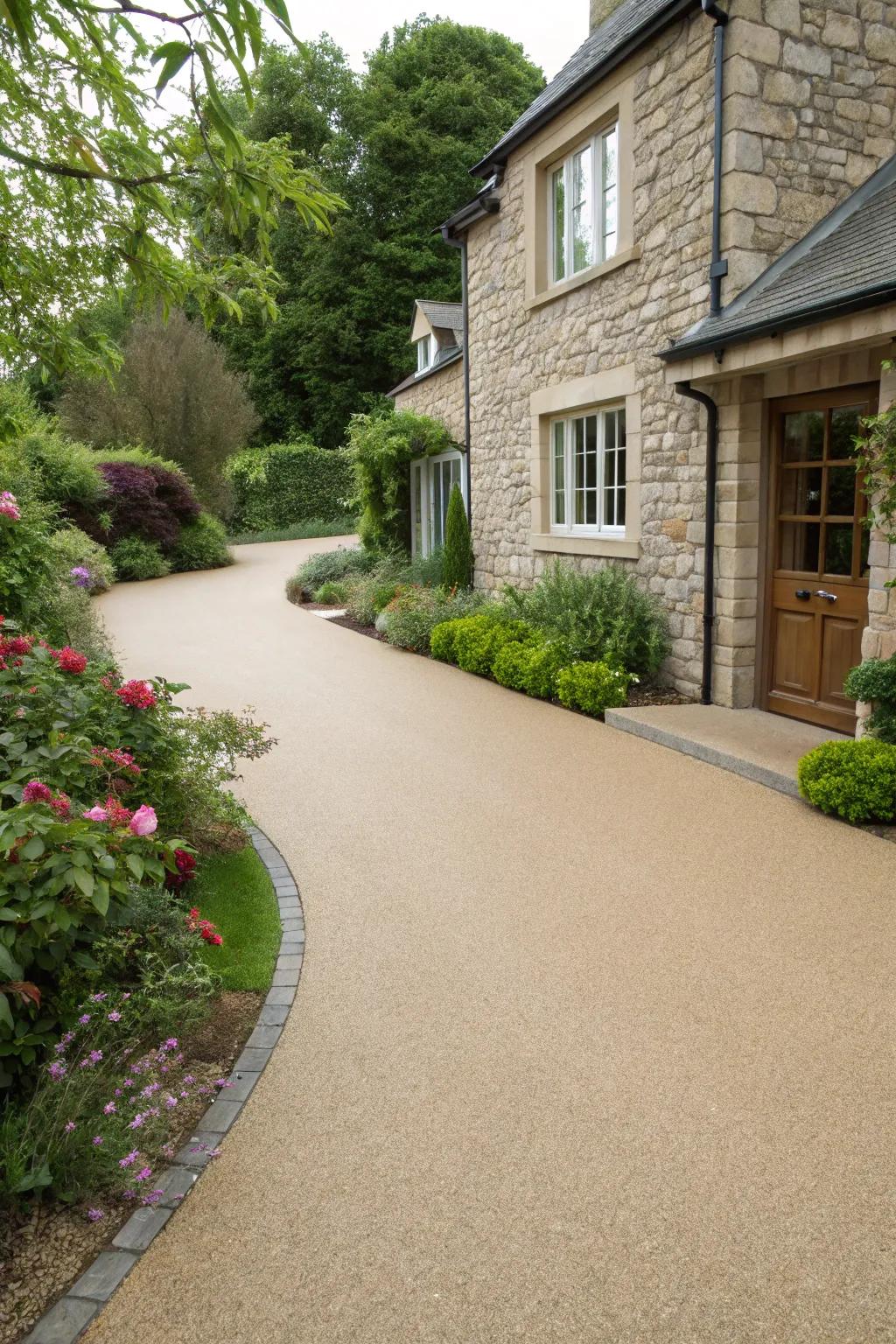 A resin driveway in natural hues complementing a stone facade.