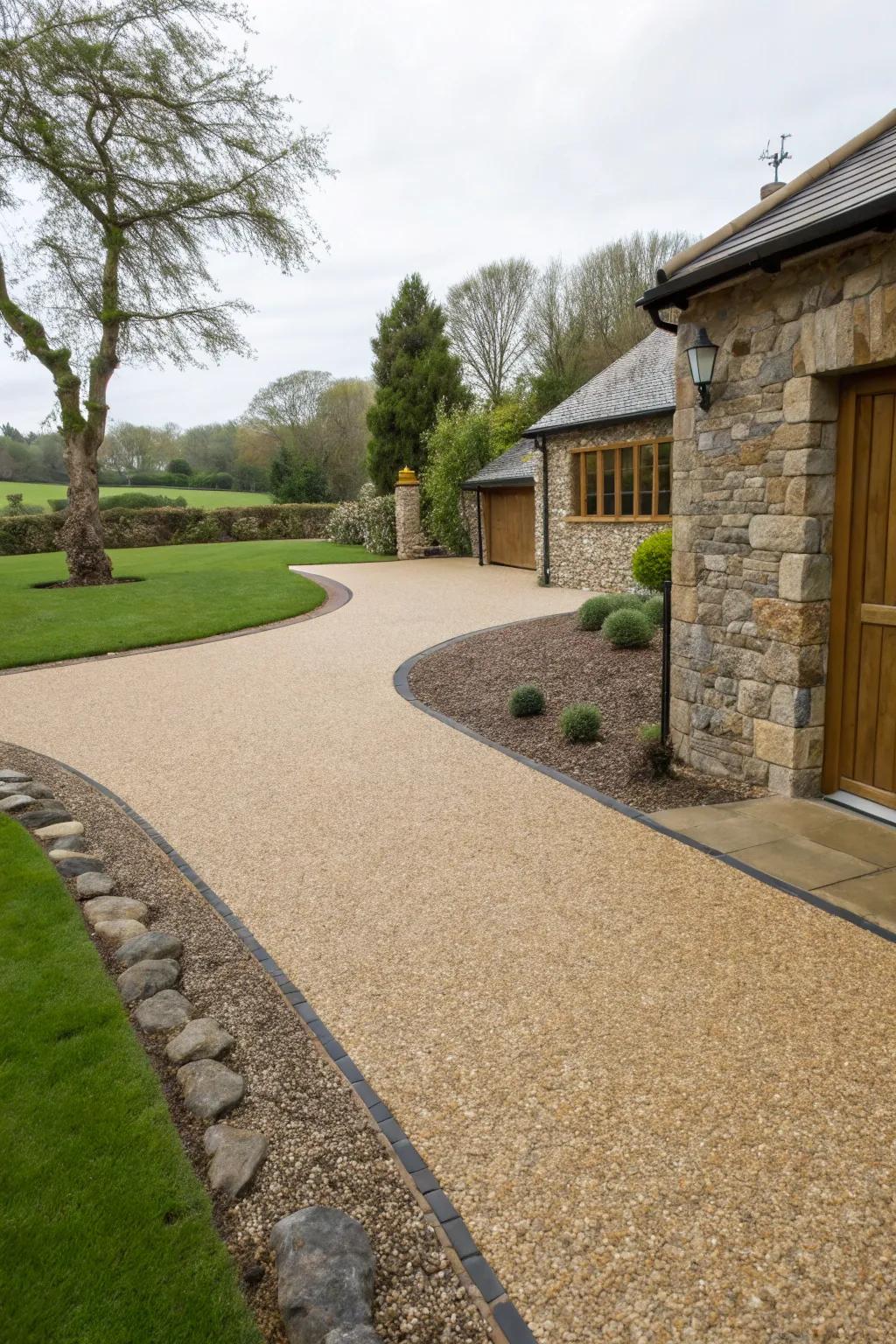 Natural stone elements adding rustic charm to a resin driveway.
