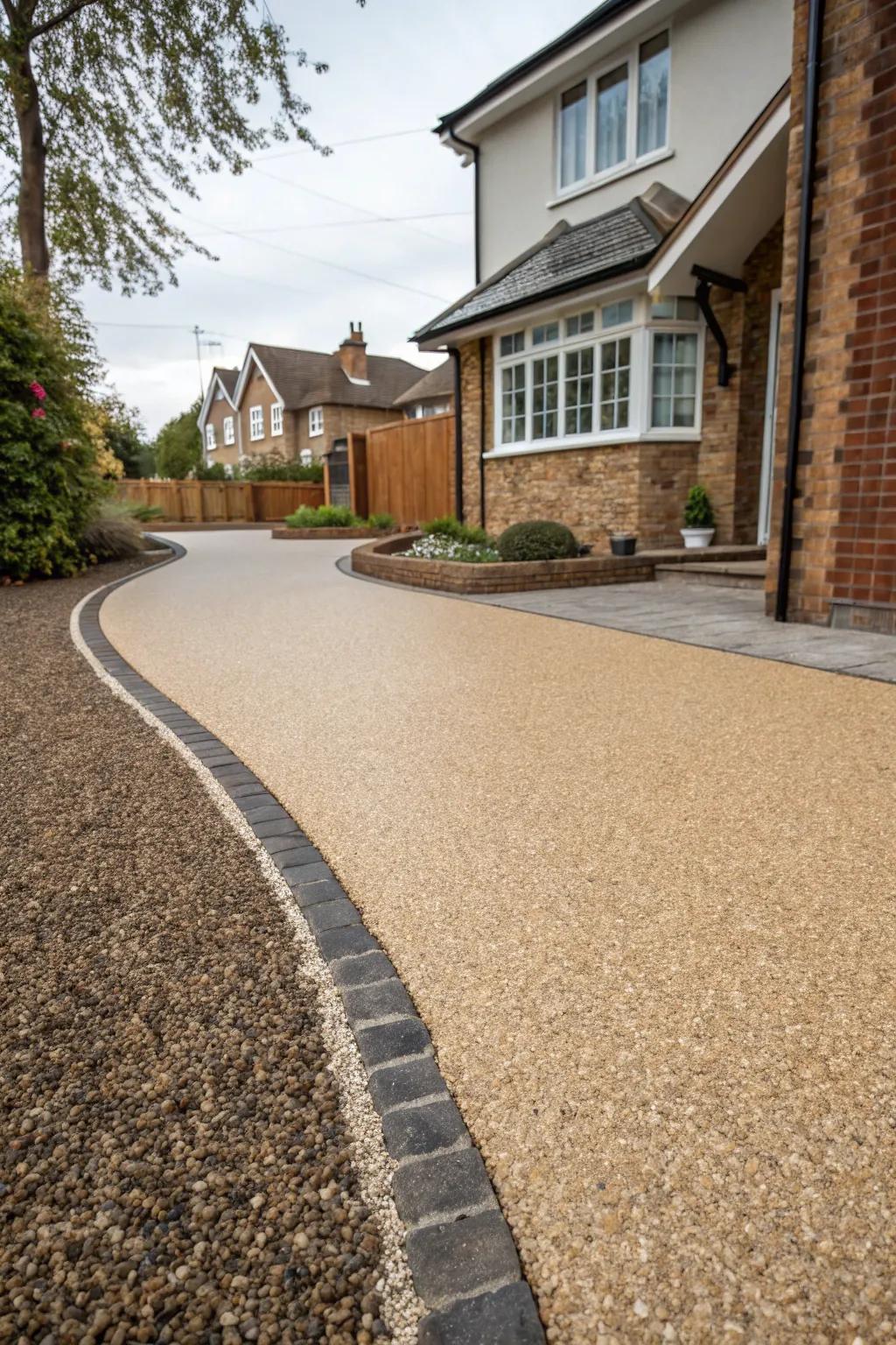 A textured resin driveway with mixed aggregates for added interest.
