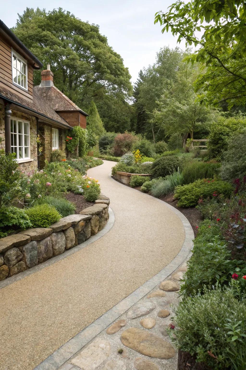 A resin driveway harmoniously blending with the surrounding landscape.