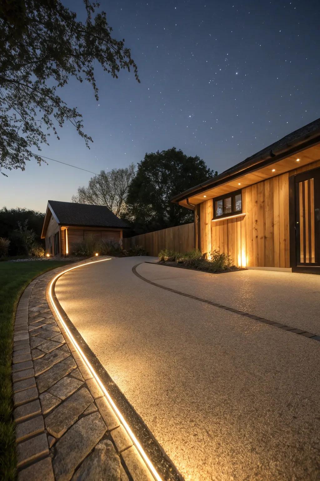 Integrated lighting enhancing a resin driveway at night.