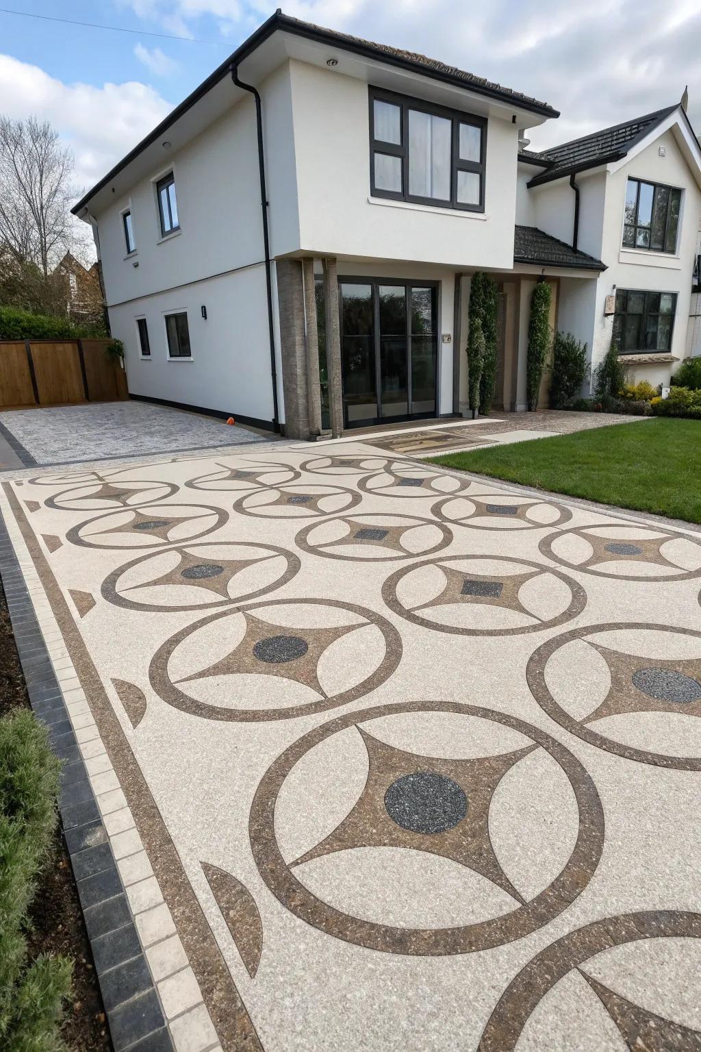 Geometric patterns on a resin driveway complementing a modern home.