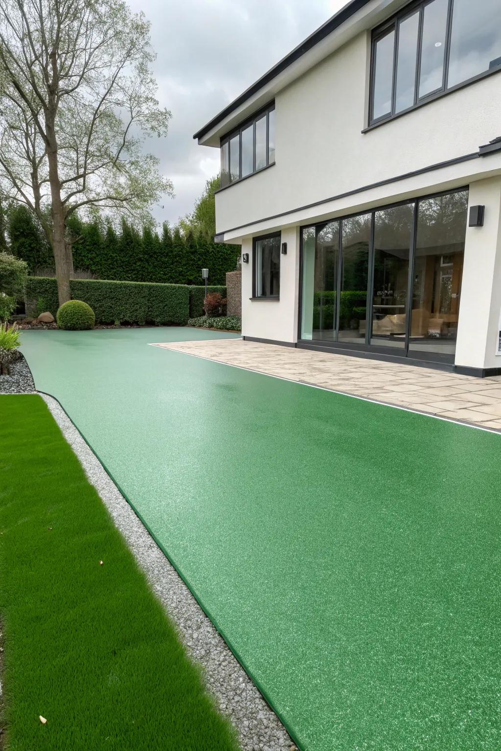 A bold green resin driveway adding a splash of color to an urban setting.