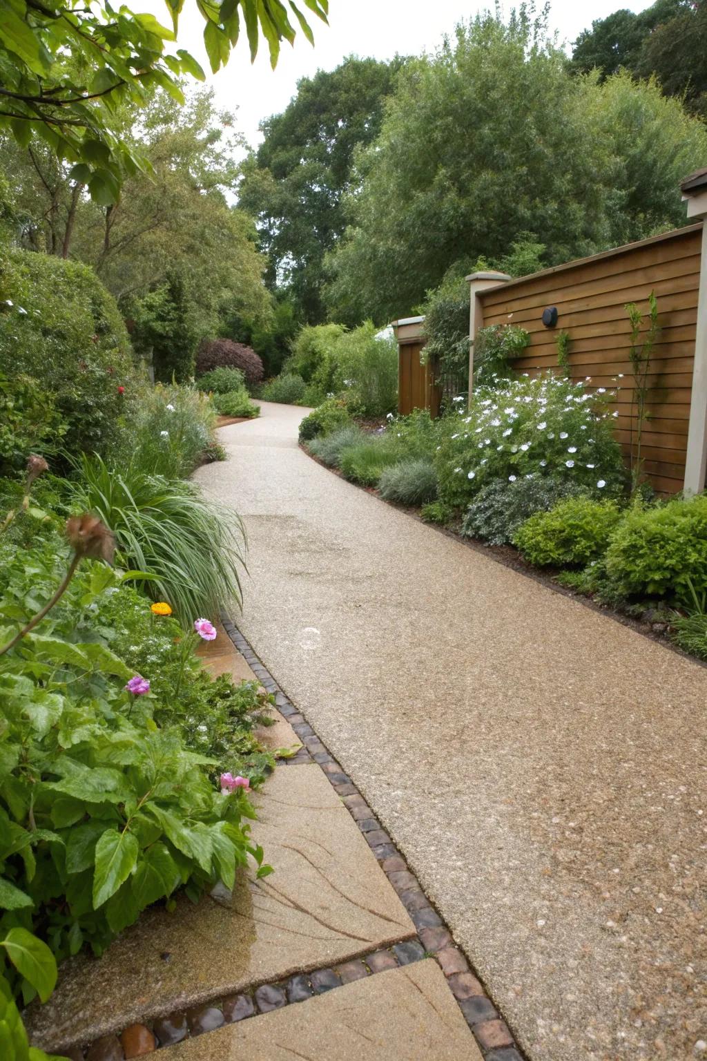 An eco-friendly permeable resin driveway with natural water drainage.
