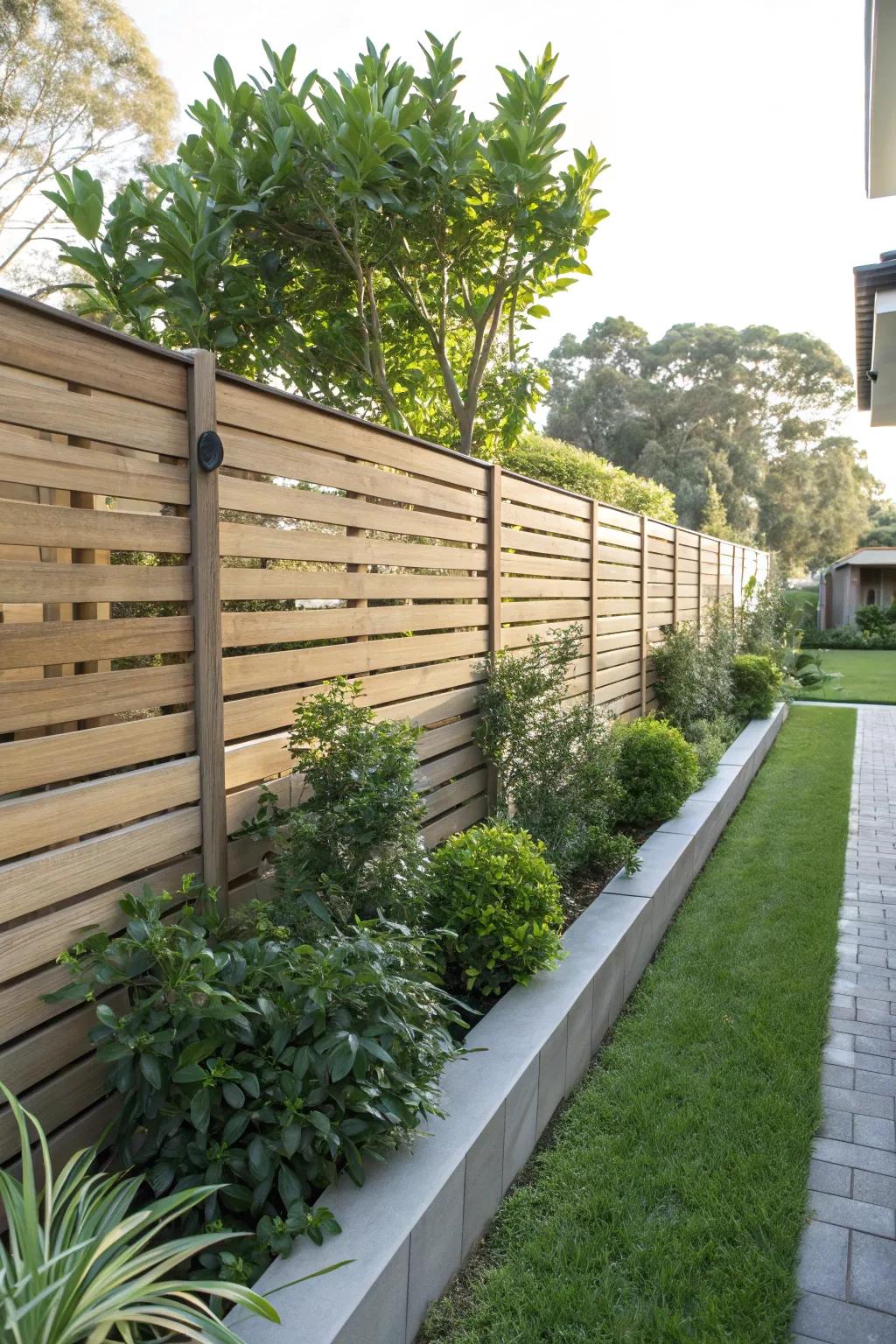 A modern horizontal slat fence offers a sleek and stylish look.