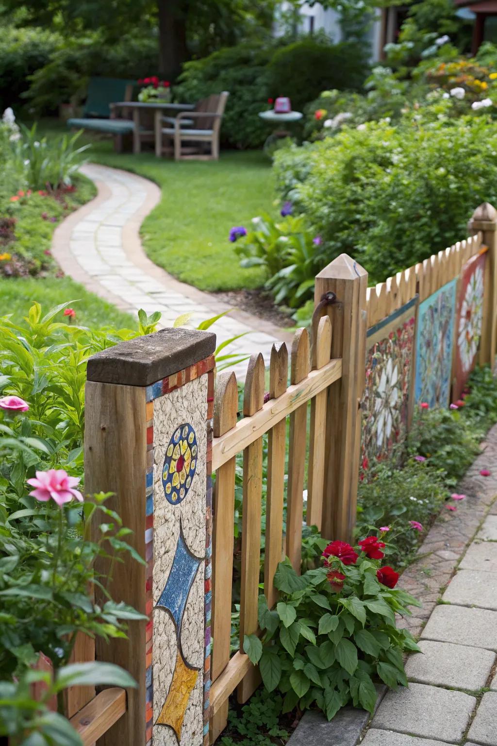 Mosaic tile fences transform ordinary wood into a work of art.