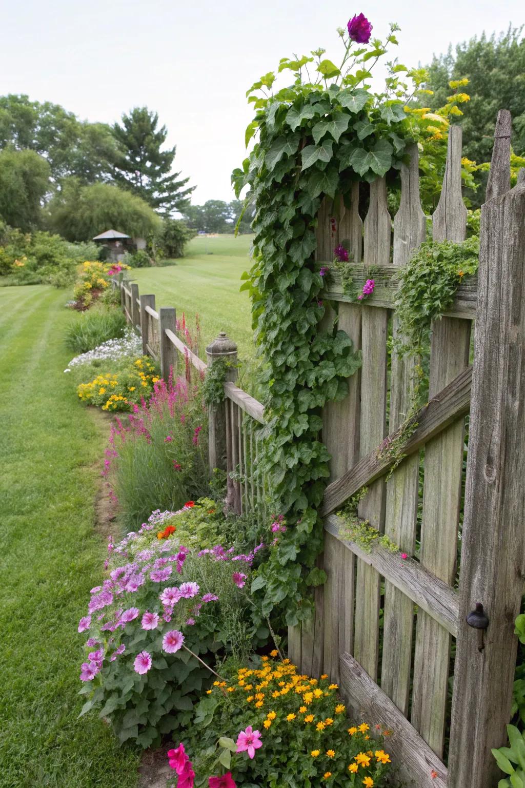 Fences can enhance gardens when adorned with climbing plants.