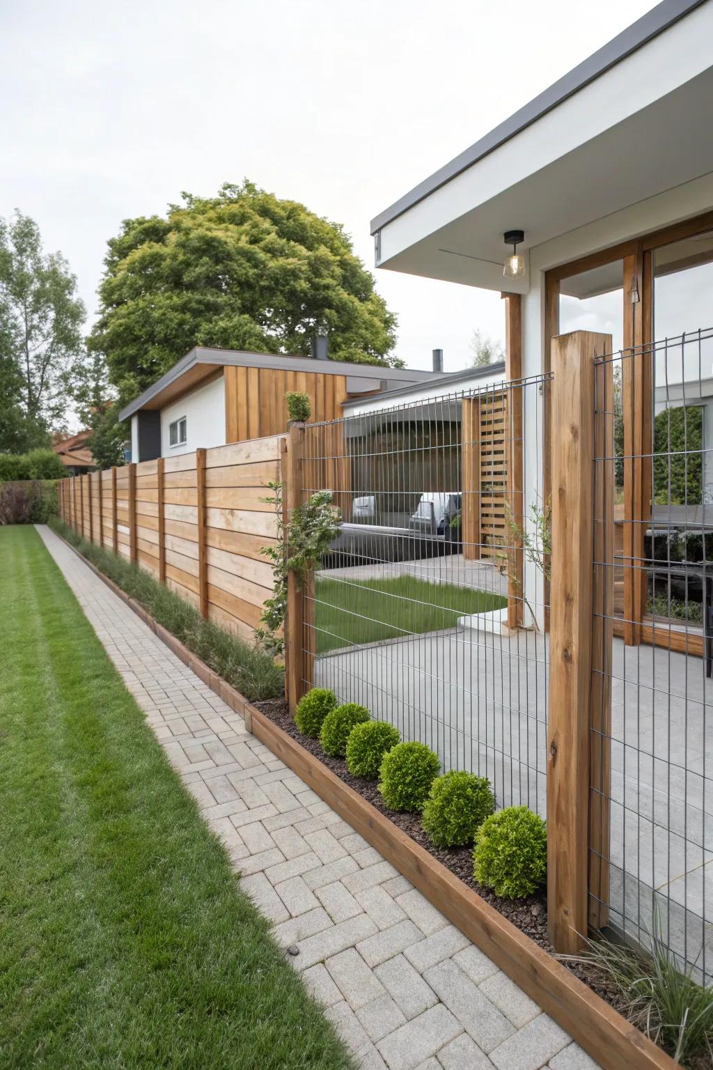 Mixed materials offer a unique and airy fence design.