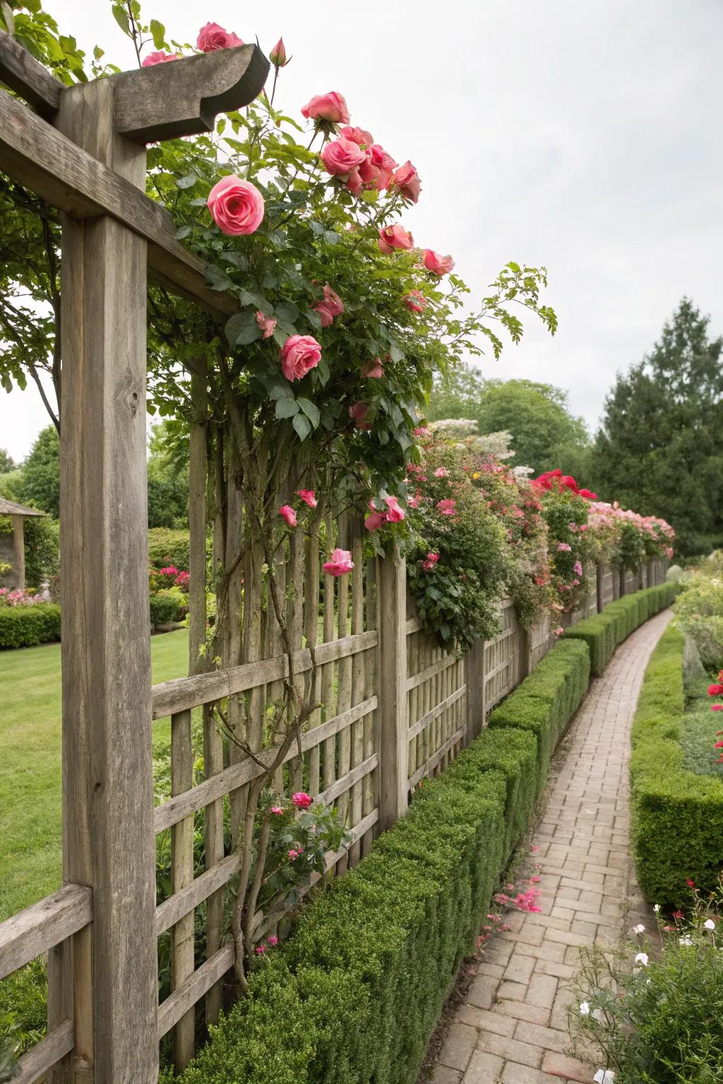 Trellis fences support climbing plants, creating living walls.