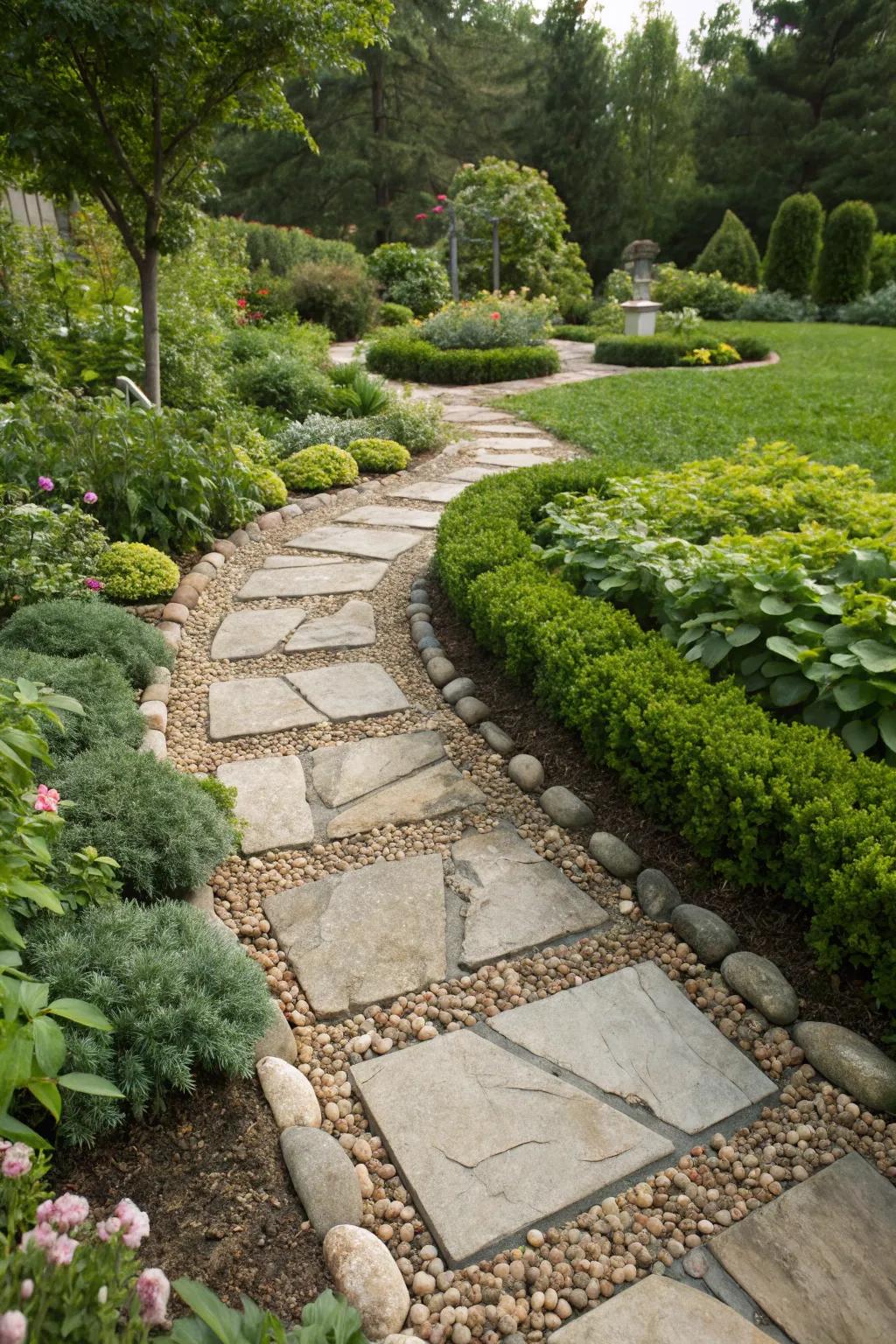 A tranquil garden space featuring mulch and stone pathways.