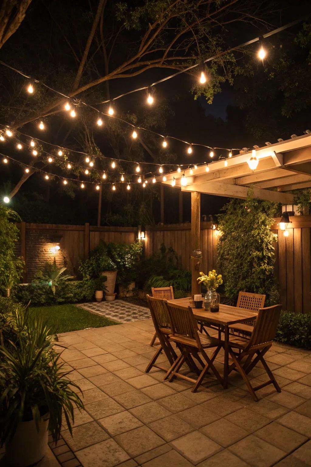 Cozy lighting transforms your patio into a magical evening retreat.