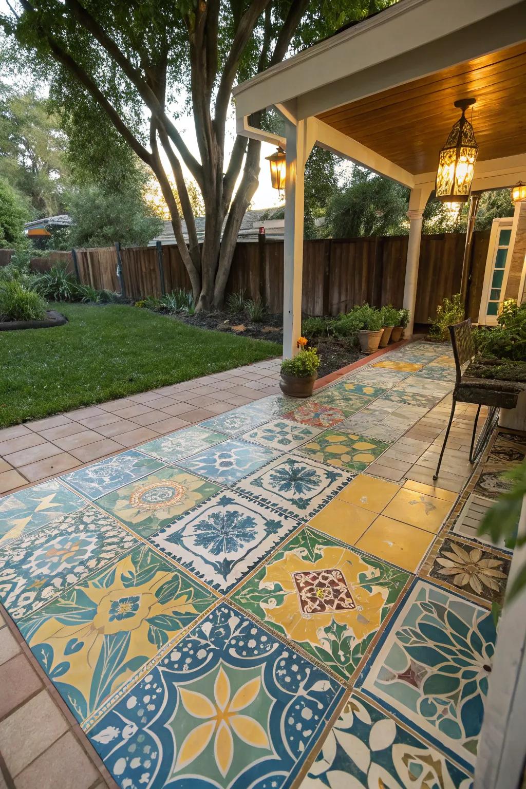 Patterned tiles bring style and color to your patio floor.