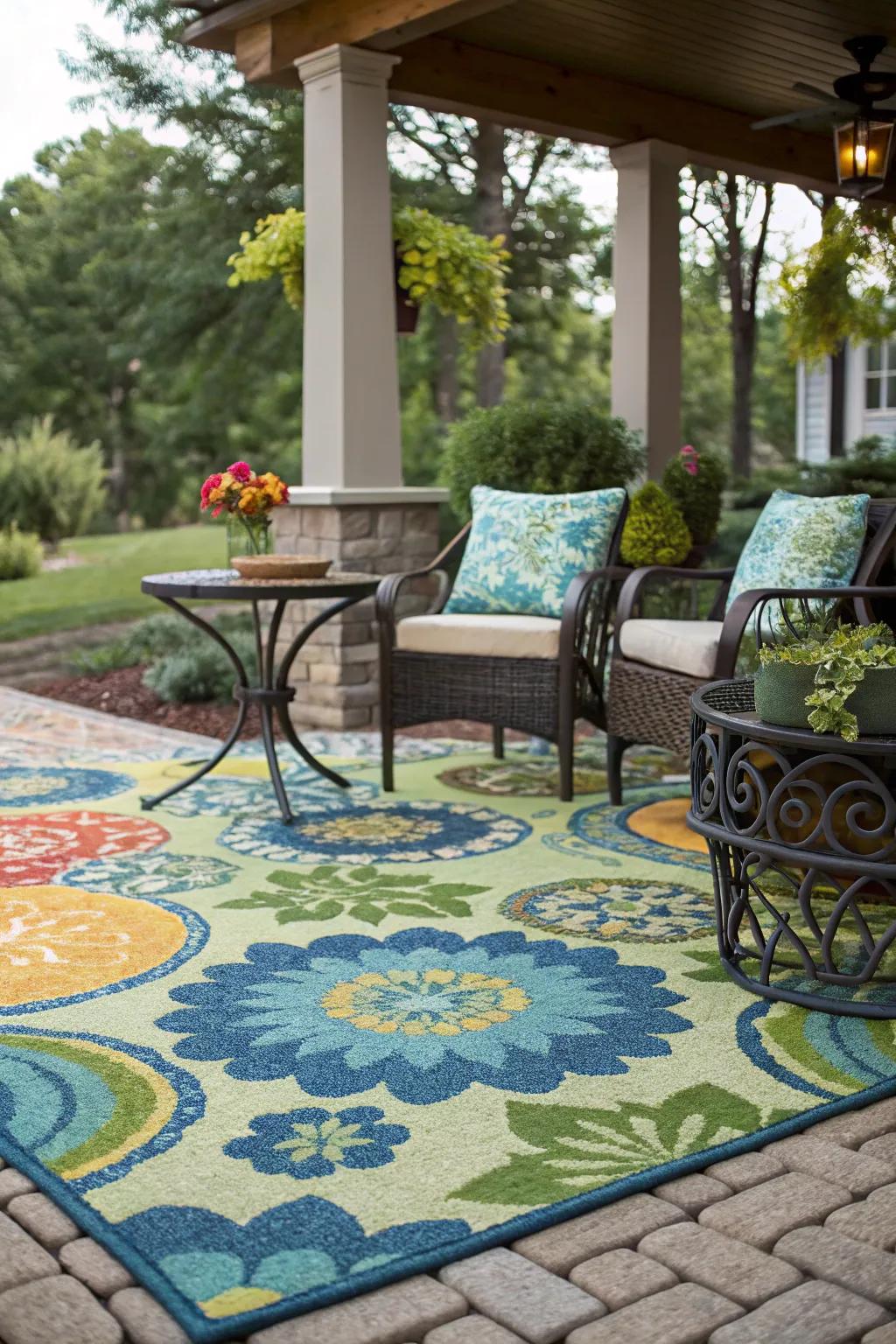 An outdoor rug adds comfort and defines the space.