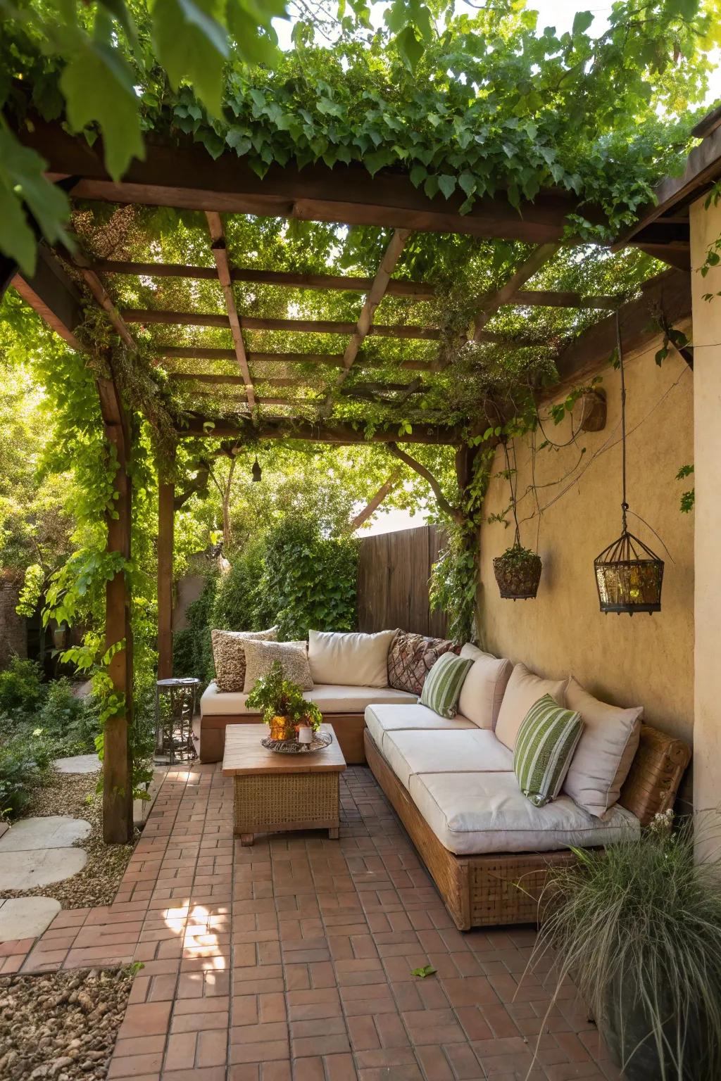A pergola with lush climbing vines creates a romantic and shaded patio space.