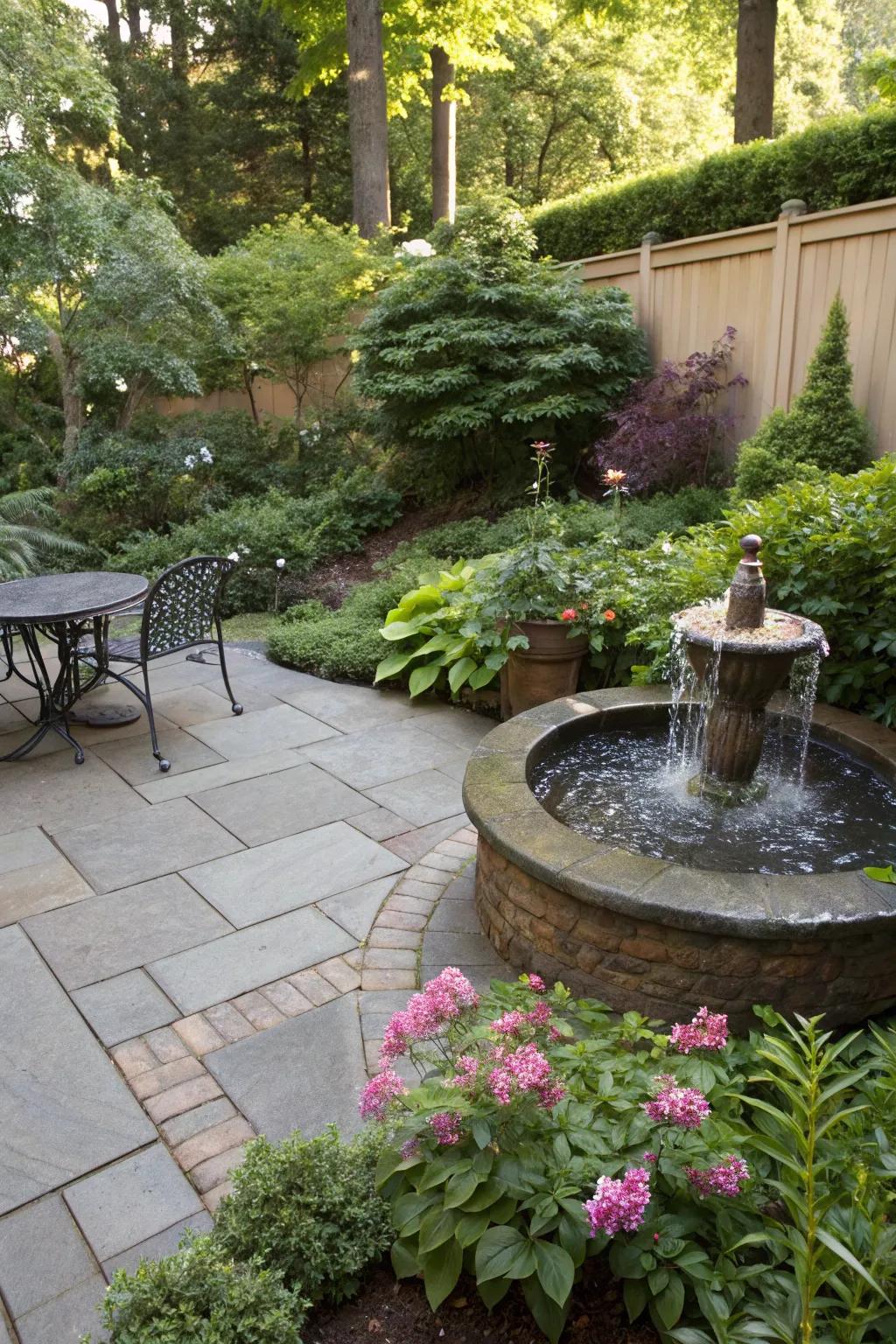 A water feature adds serenity and a calming presence.