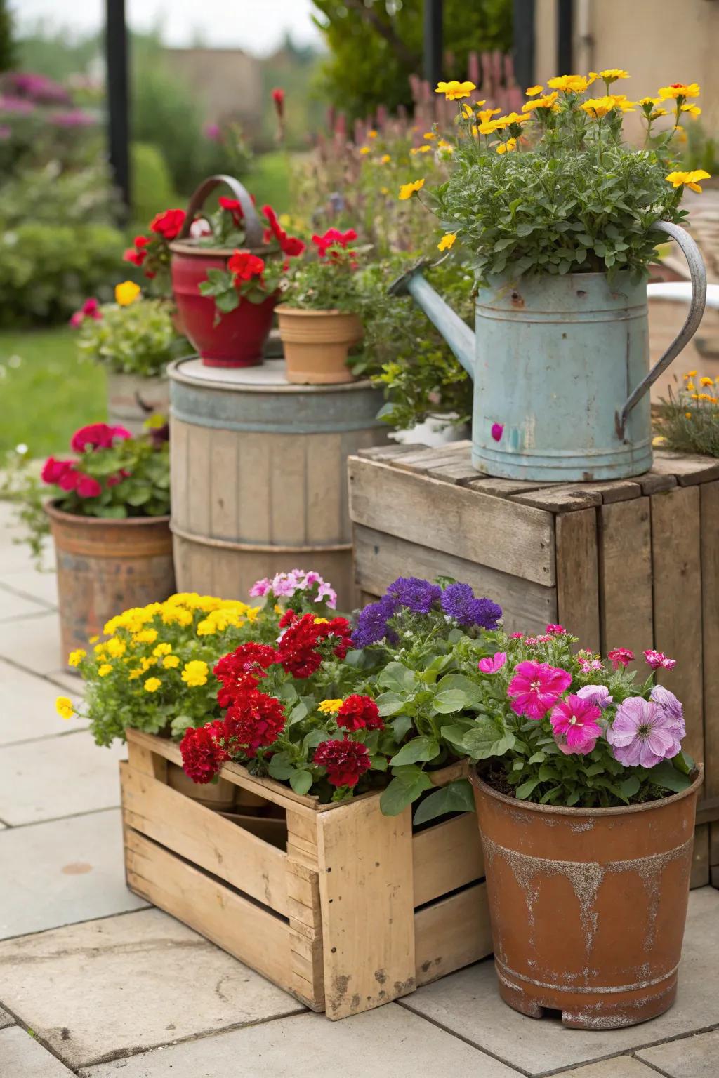 Upcycled planters add character and eco-friendly charm to your patio.