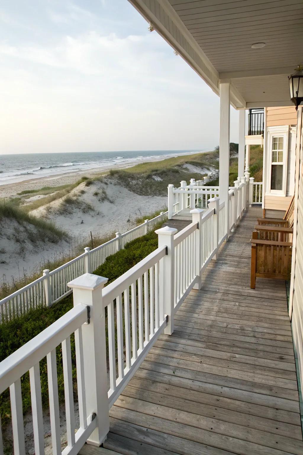 Classic white picket railings for a timeless beach look.