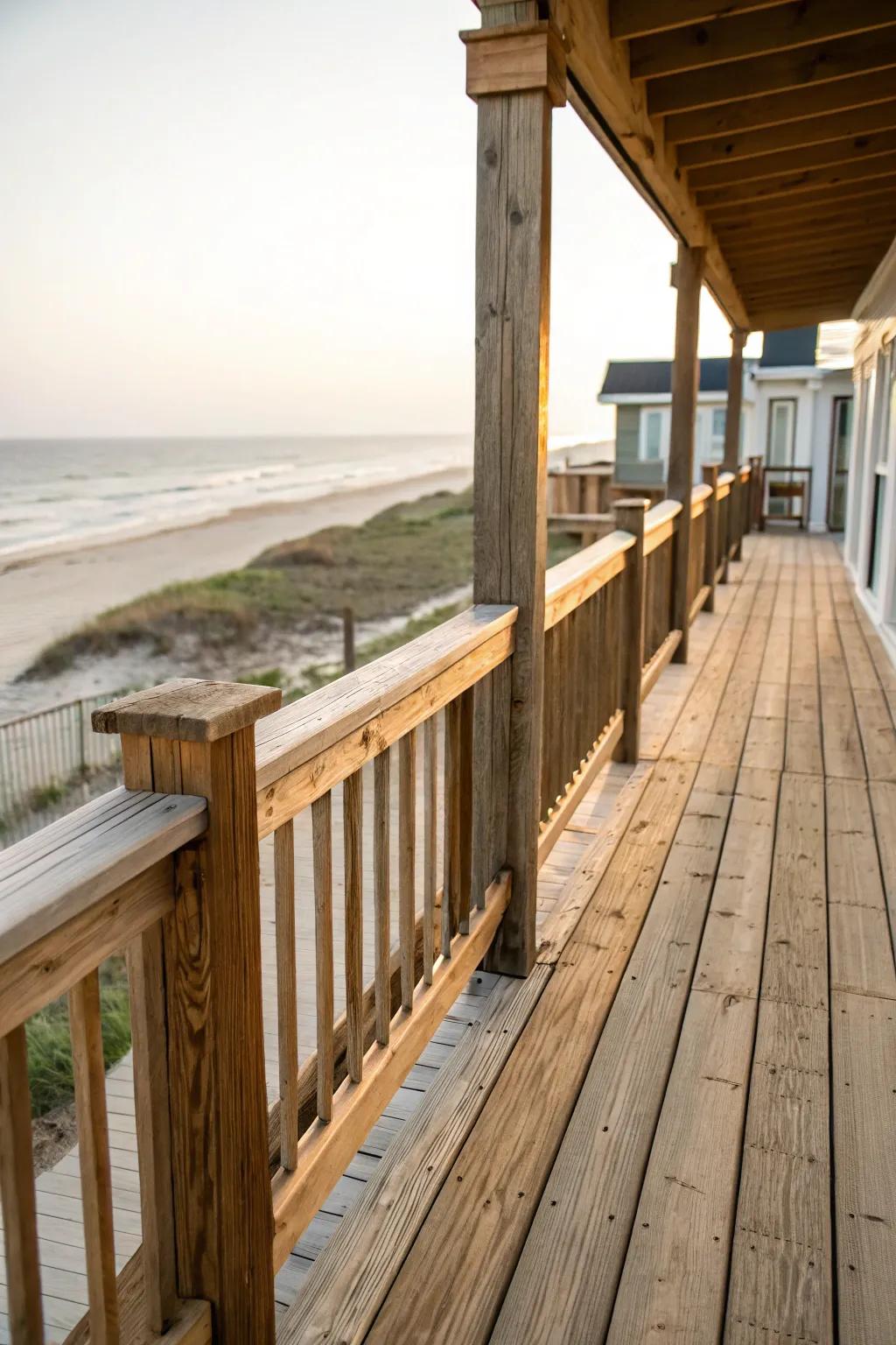 Reclaimed wood railings for a sustainable, rustic charm.