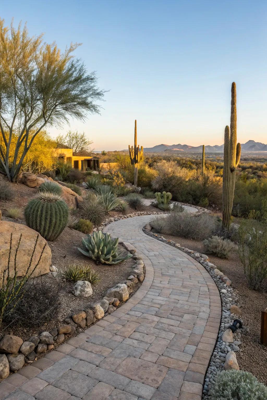 Pavers create inviting pathways that complement the desert environment.