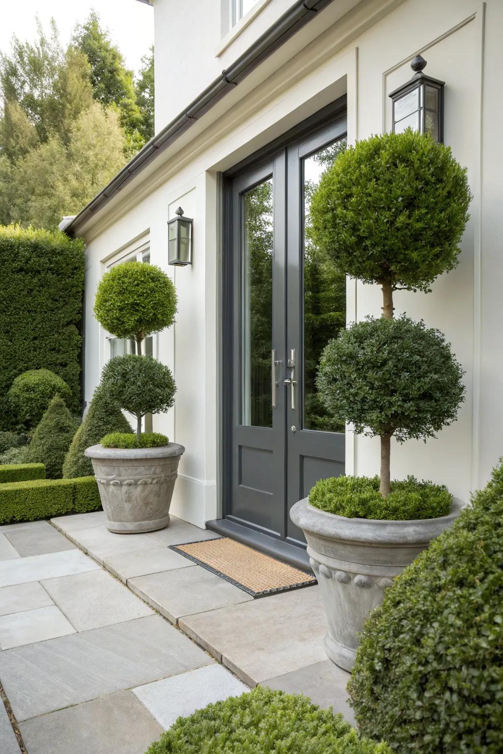 Japanese boxwood in pots creates a sophisticated entrance.
