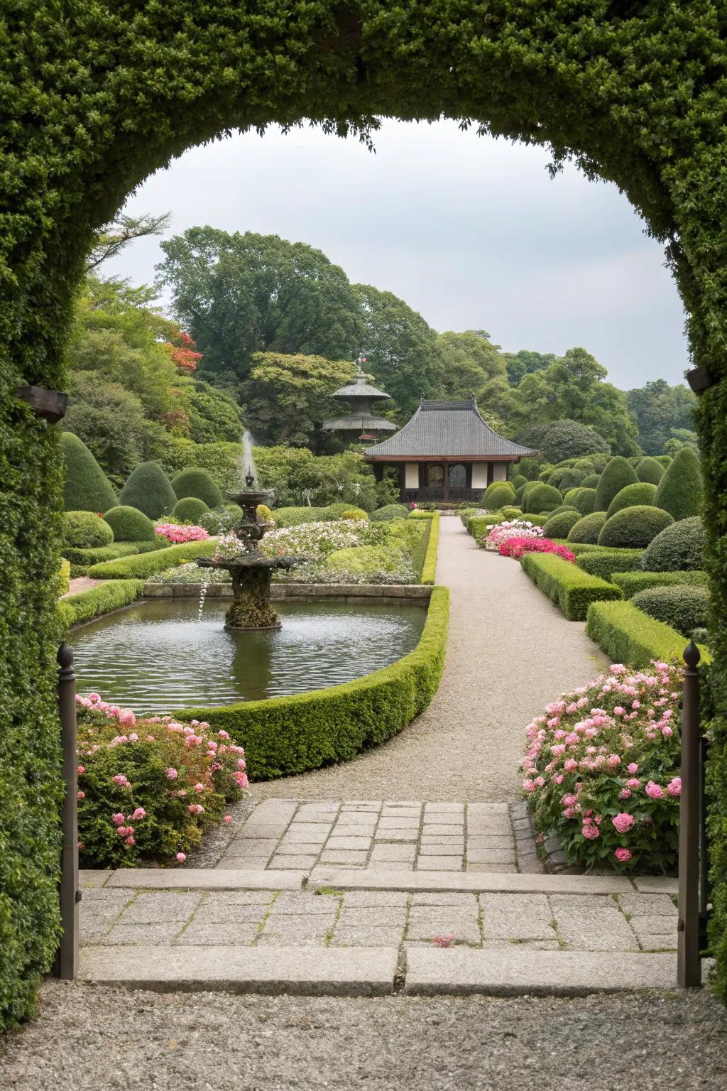 Japanese boxwood frames and highlights stunning garden views.