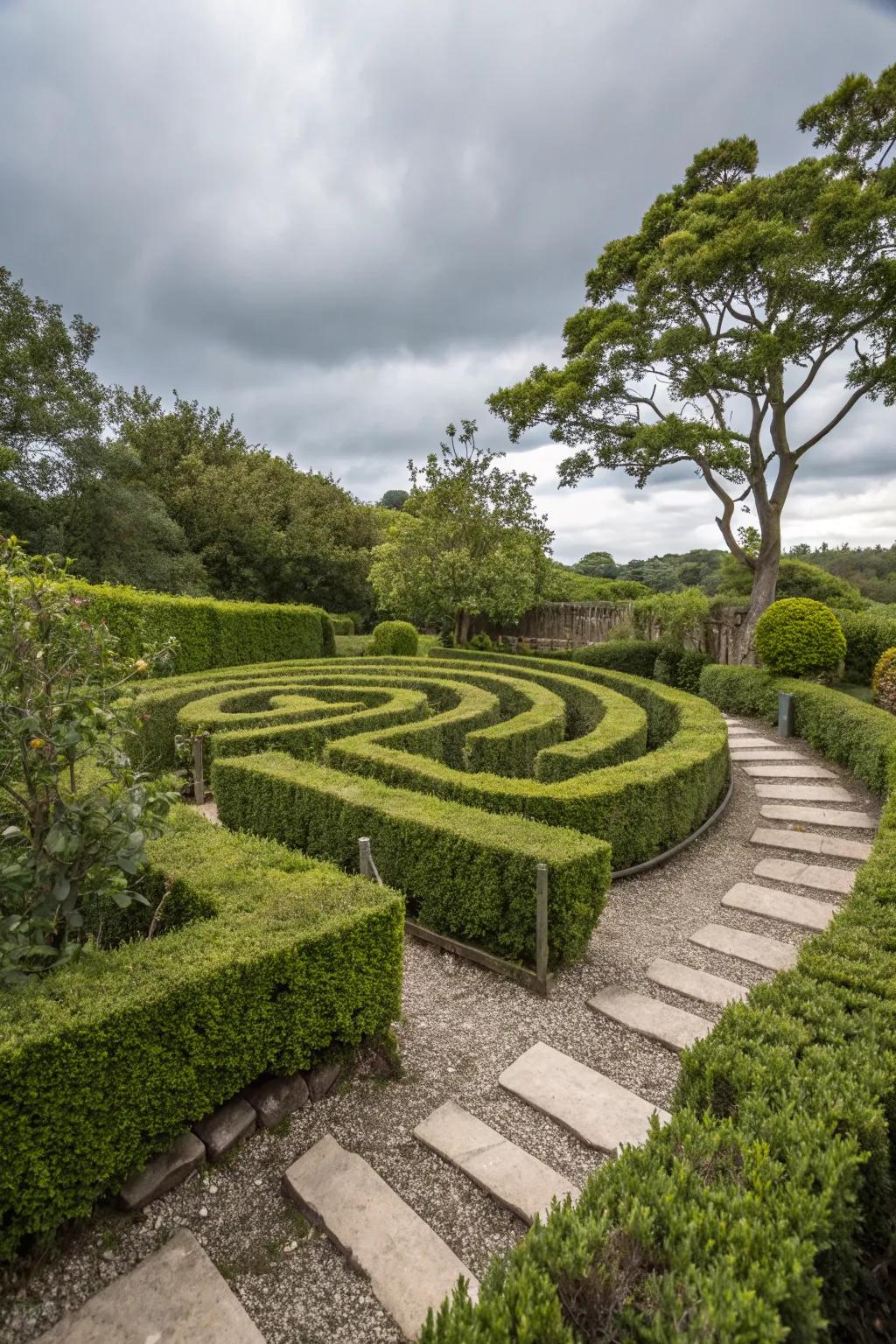 Create playful exploration with a mini hedge maze using Japanese boxwood.