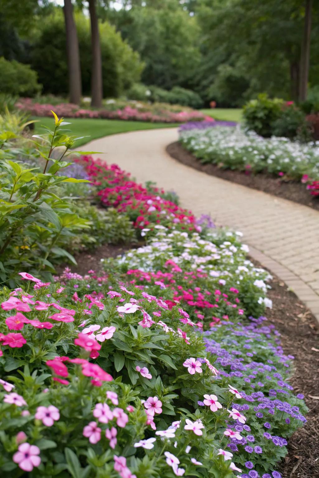 A mixed flower bed featuring vinca alongside other perennials.